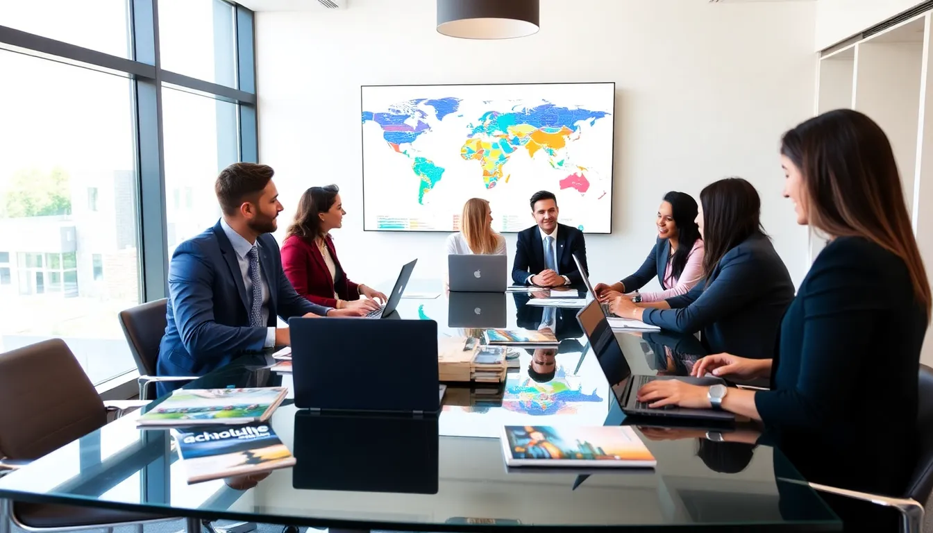 diverse travel professionals collaborating in a modern office.