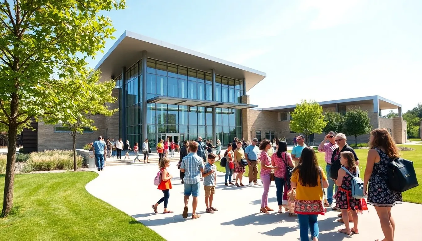Crowd interacting at the Chickasaw Cultural Center in a green setting.