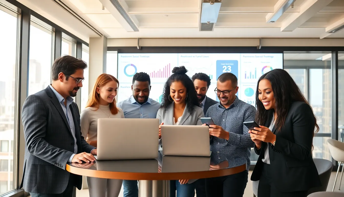 diverse professionals collaborating on social media recruitment in a modern office.