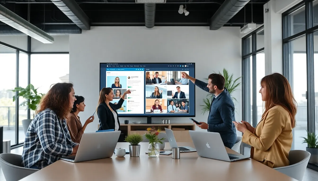 diverse team collaborating on interactive social media content.