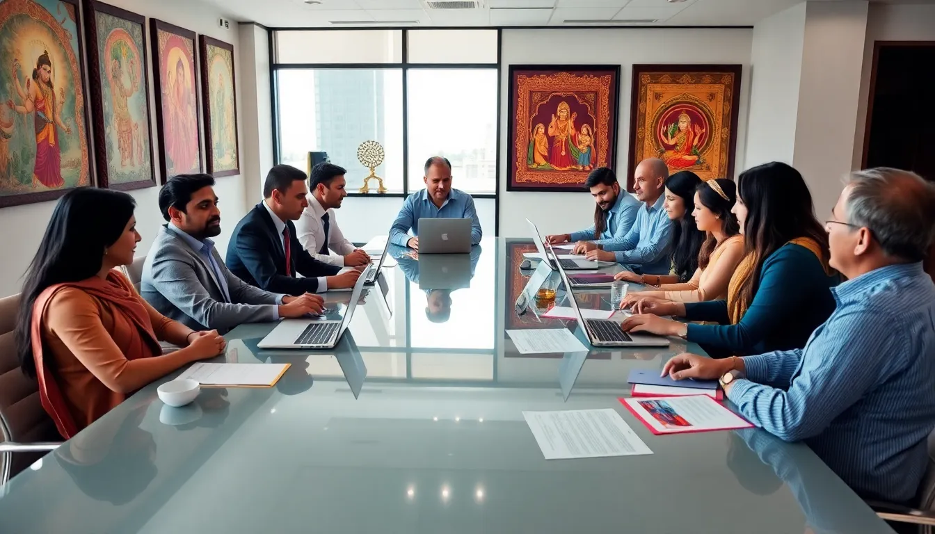 diverse professionals discussing Hindu culture in a modern office setting.